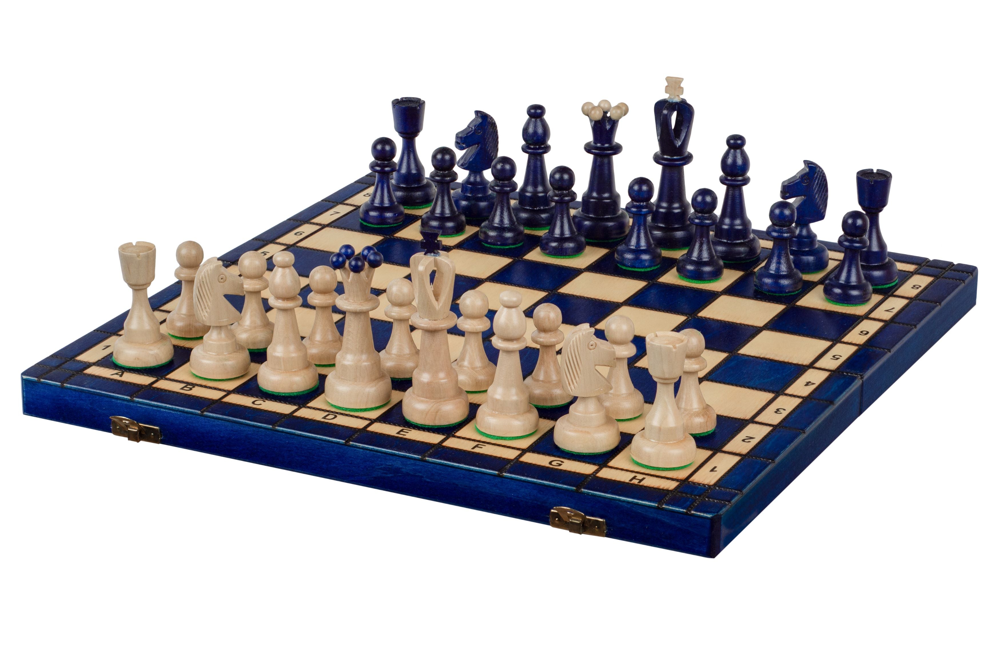 Juego de ajedrez plegable azul tamaño as n.° 4 con rey de 9,9 cm y compartimento de almacenamiento