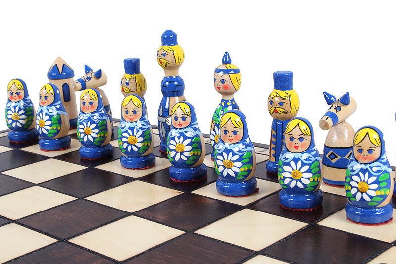 Juego de ajedrez Babushka de madera azul, diseño ruso, tablero de 16,5"