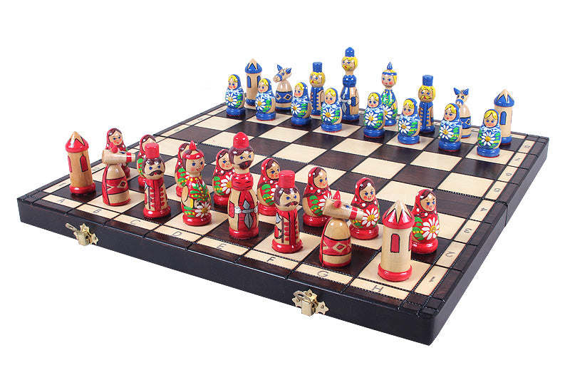 Juego de ajedrez Babushka de madera azul, diseño ruso, tablero de 16,5"