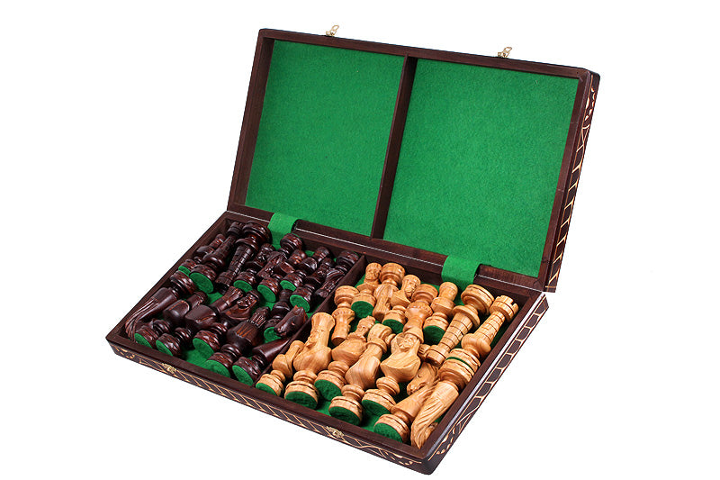 Juego de ajedrez plegable pequeño César, piezas artesanales de madera de tilo, tablero de 23,6"