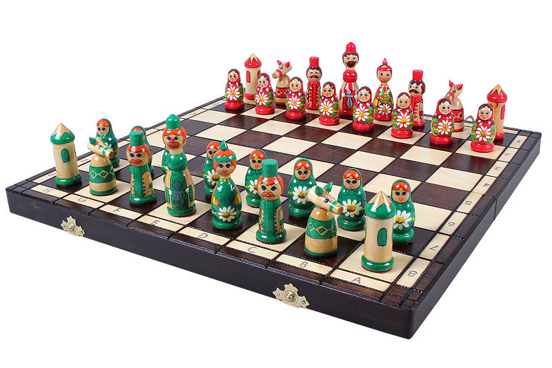 Juego de ajedrez Babushka de madera azul, diseño ruso, tablero de 16,5"