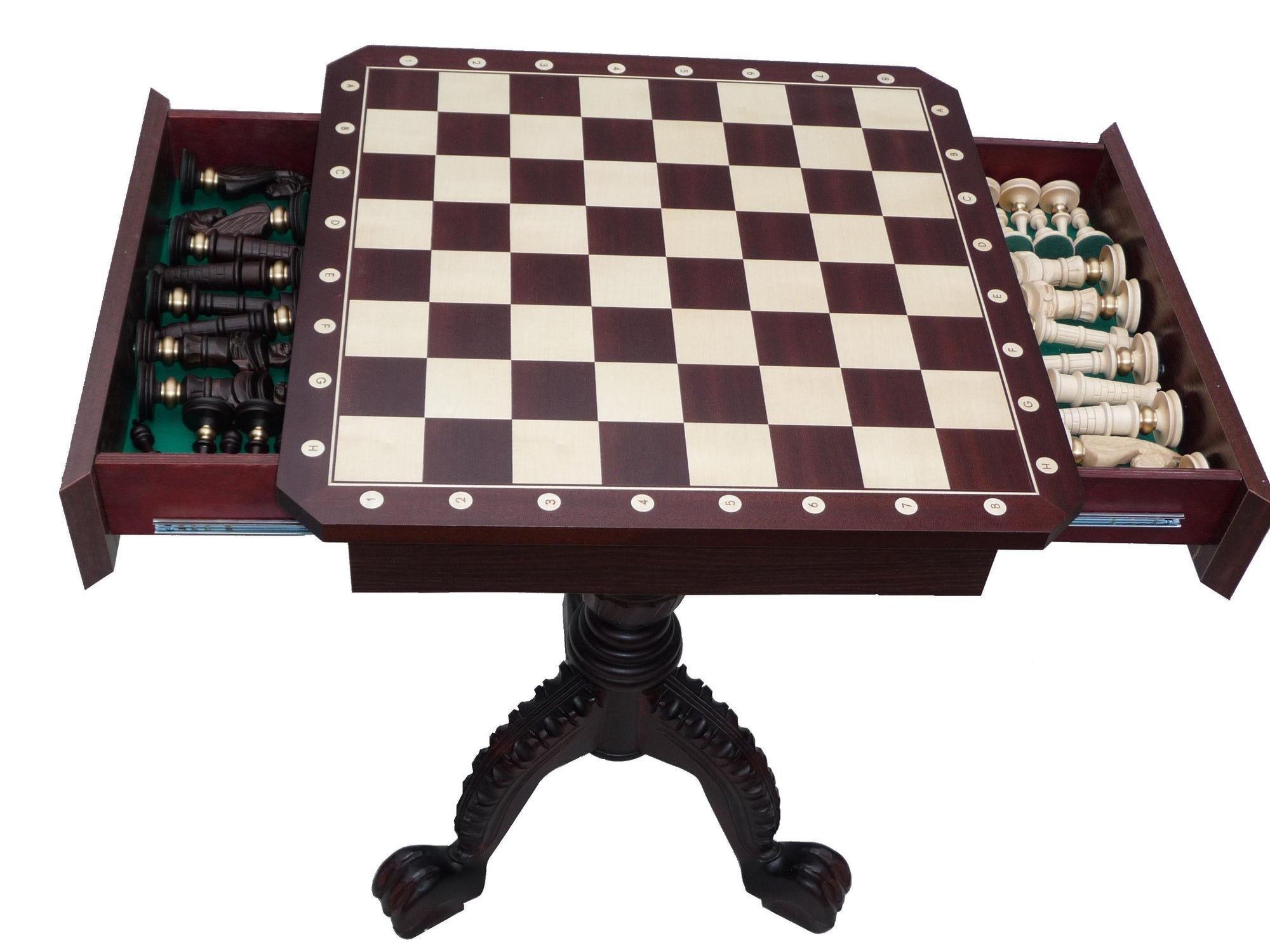 Mesa de ajedrez de caoba con cajones – Tablero de 54 cm