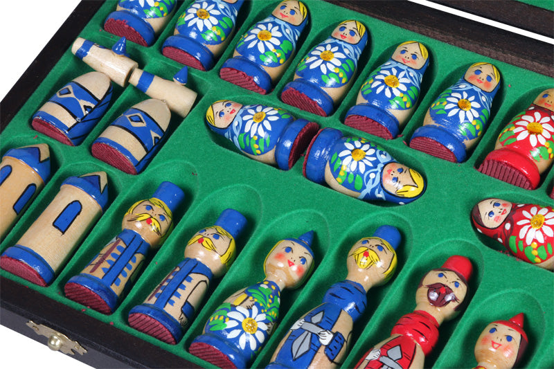 Juego de ajedrez Babushka de madera azul, diseño ruso, tablero de 16,5"