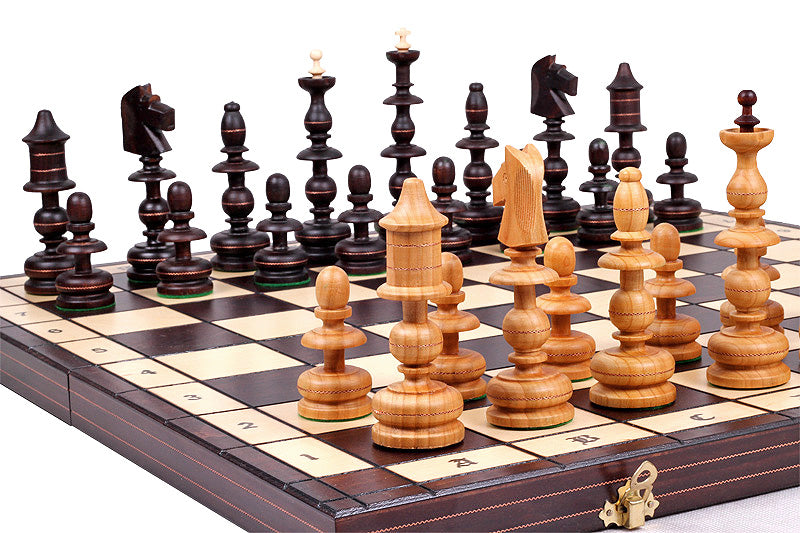 Juego de ajedrez polaco antiguo con bandeja (tamaño King de 5,5 pulgadas)