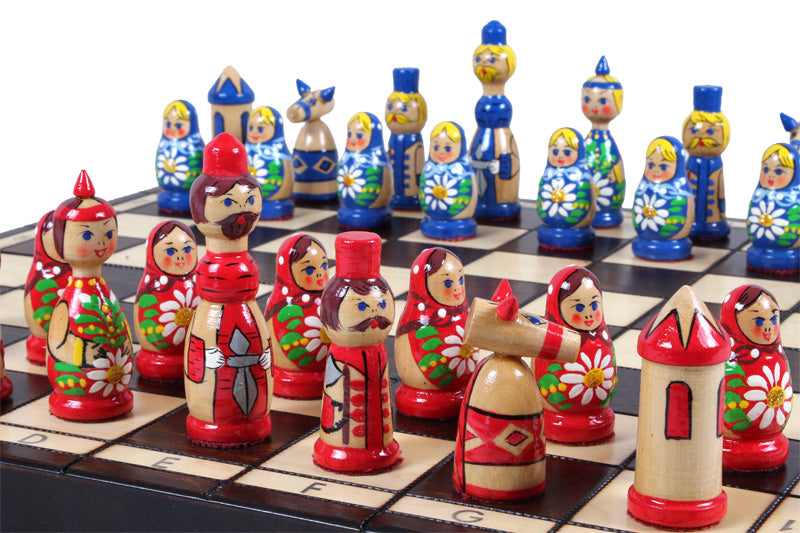 Juego de ajedrez Babushka de madera azul, diseño ruso, tablero de 16,5"