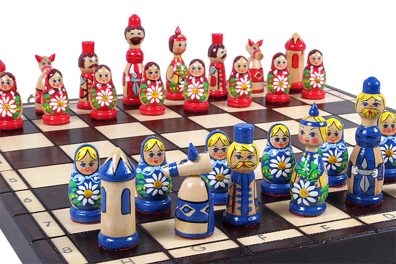 Juego de ajedrez Babushka de madera azul, diseño ruso, tablero de 16,5"
