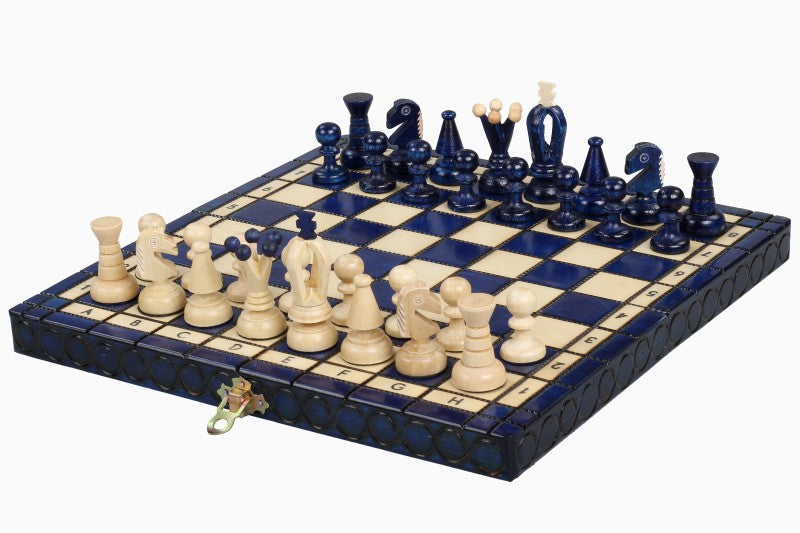 Juego de ajedrez pequeño King's, azul con forro de fieltro (60 mm)