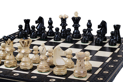 Juego de ajedrez de madera Ambassador Black Deluxe con incrustaciones quemadas – Tamaño n.° 5.5