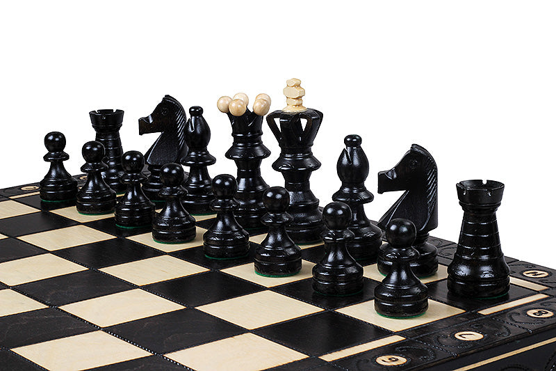 Juego de ajedrez de madera Ambassador Black Deluxe con incrustaciones quemadas – Tamaño n.° 5.5