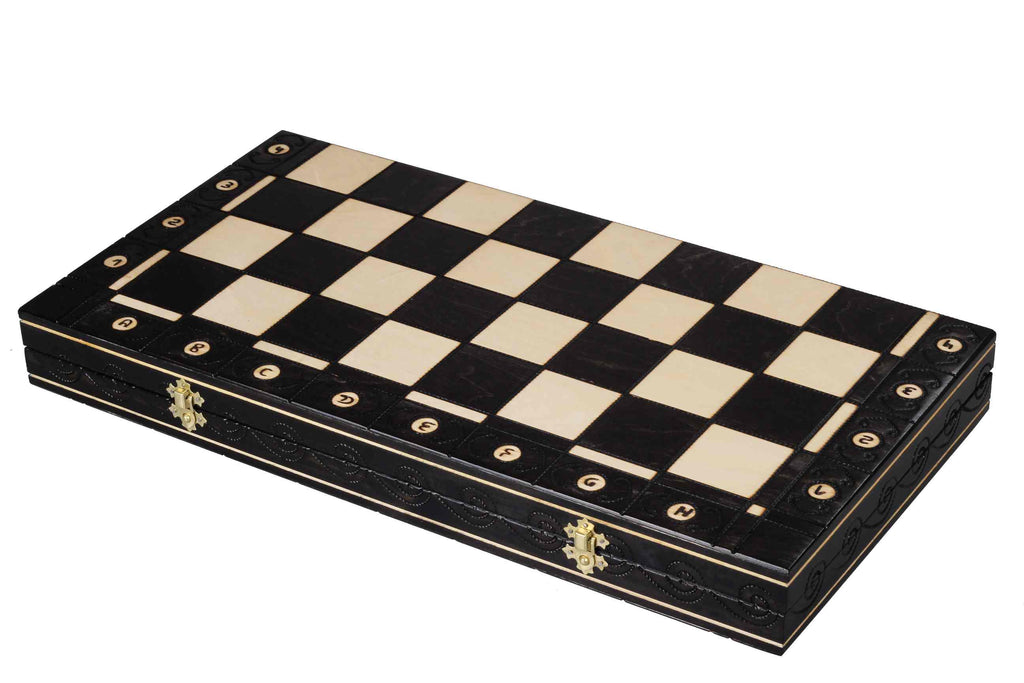 Juego de ajedrez de madera Ambassador Black Deluxe con incrustaciones quemadas – Tamaño n.° 5.5