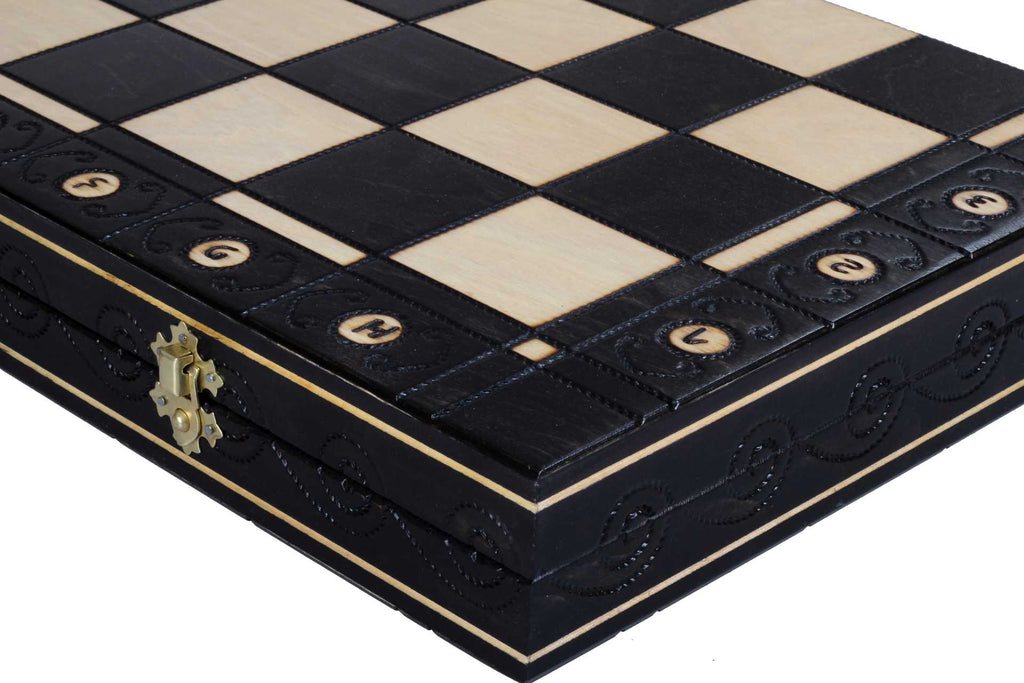 Juego de ajedrez de madera Ambassador Black Deluxe con incrustaciones quemadas – Tamaño n.° 5.5
