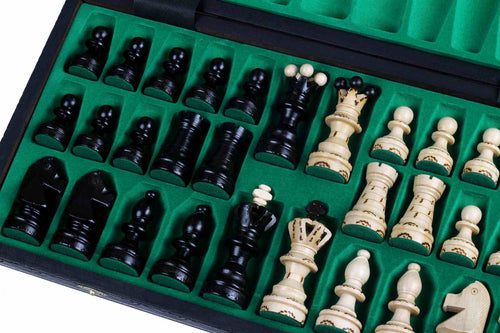 Juego de ajedrez de madera Ambassador Black Deluxe con incrustaciones quemadas – Tamaño n.° 5.5