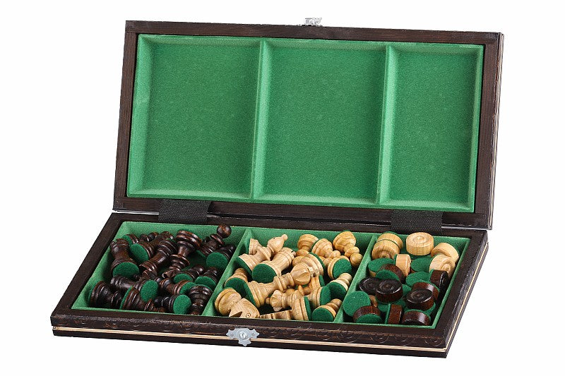Juego de ajedrez y damas de viaje de madera de cerezo: juego compacto 2 en 1