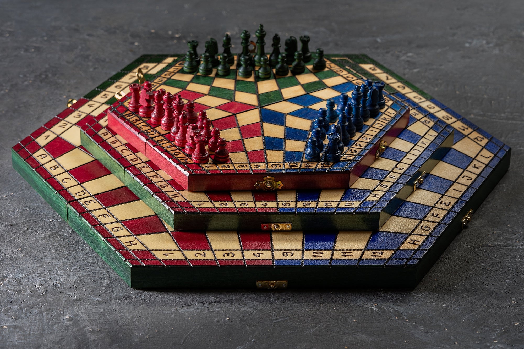 Juego de ajedrez de madera tricolor para tres jugadores, 3,35 pulgadas, tamaño King