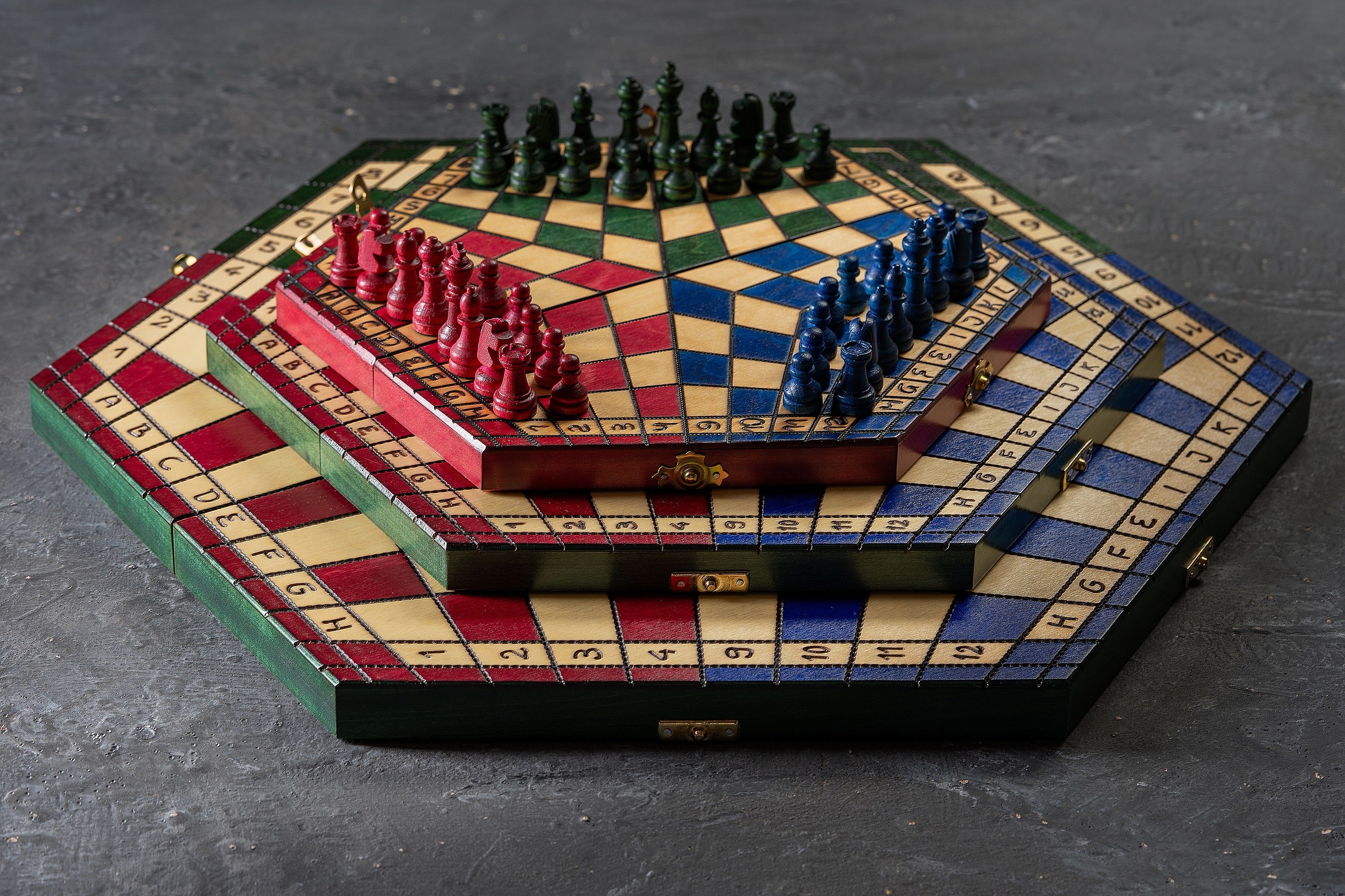 Juego de ajedrez de madera tricolor para tres jugadores, 3,35 pulgadas, tamaño King