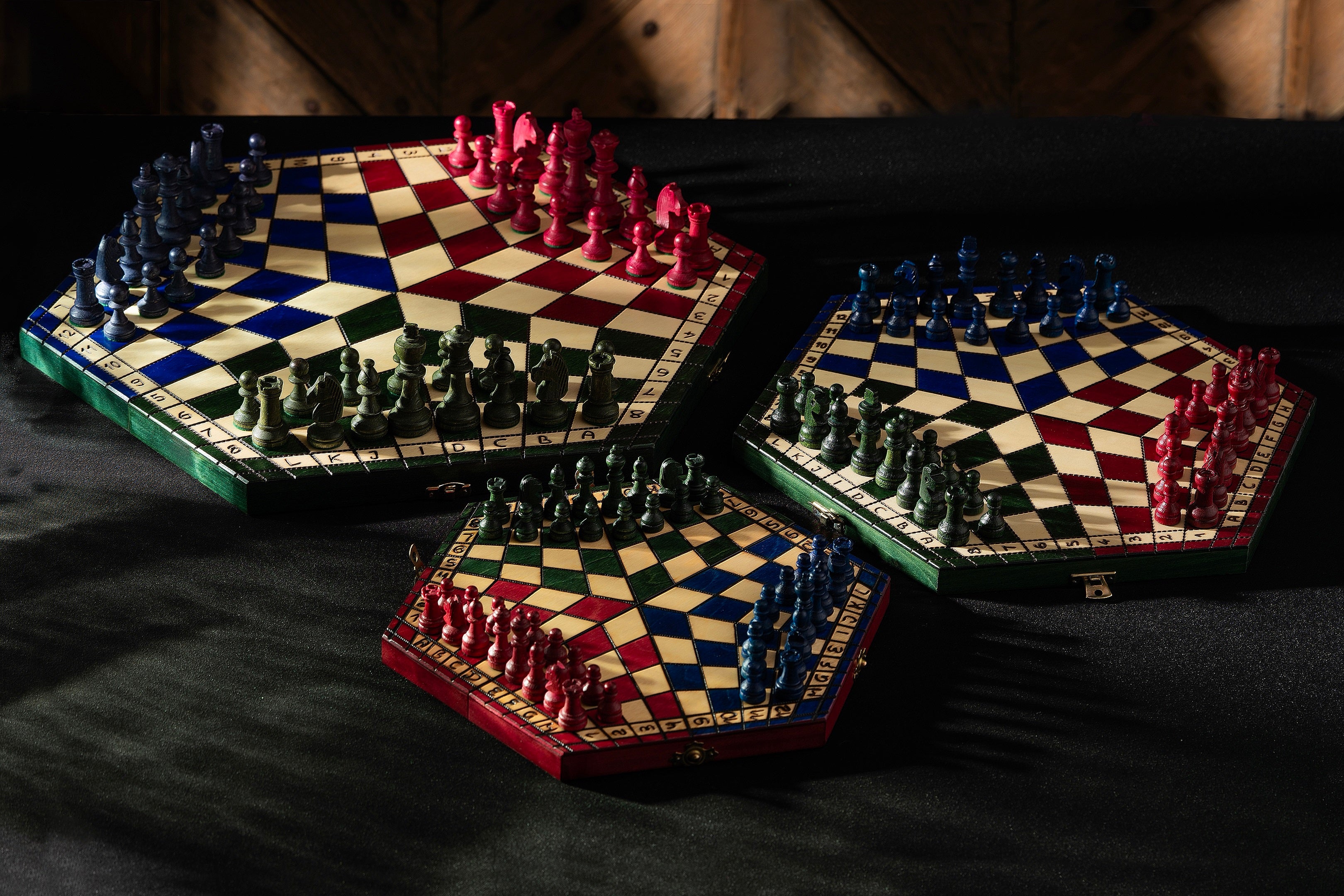 Juego de ajedrez de madera tricolor para tres jugadores, 3,35 pulgadas, tamaño King