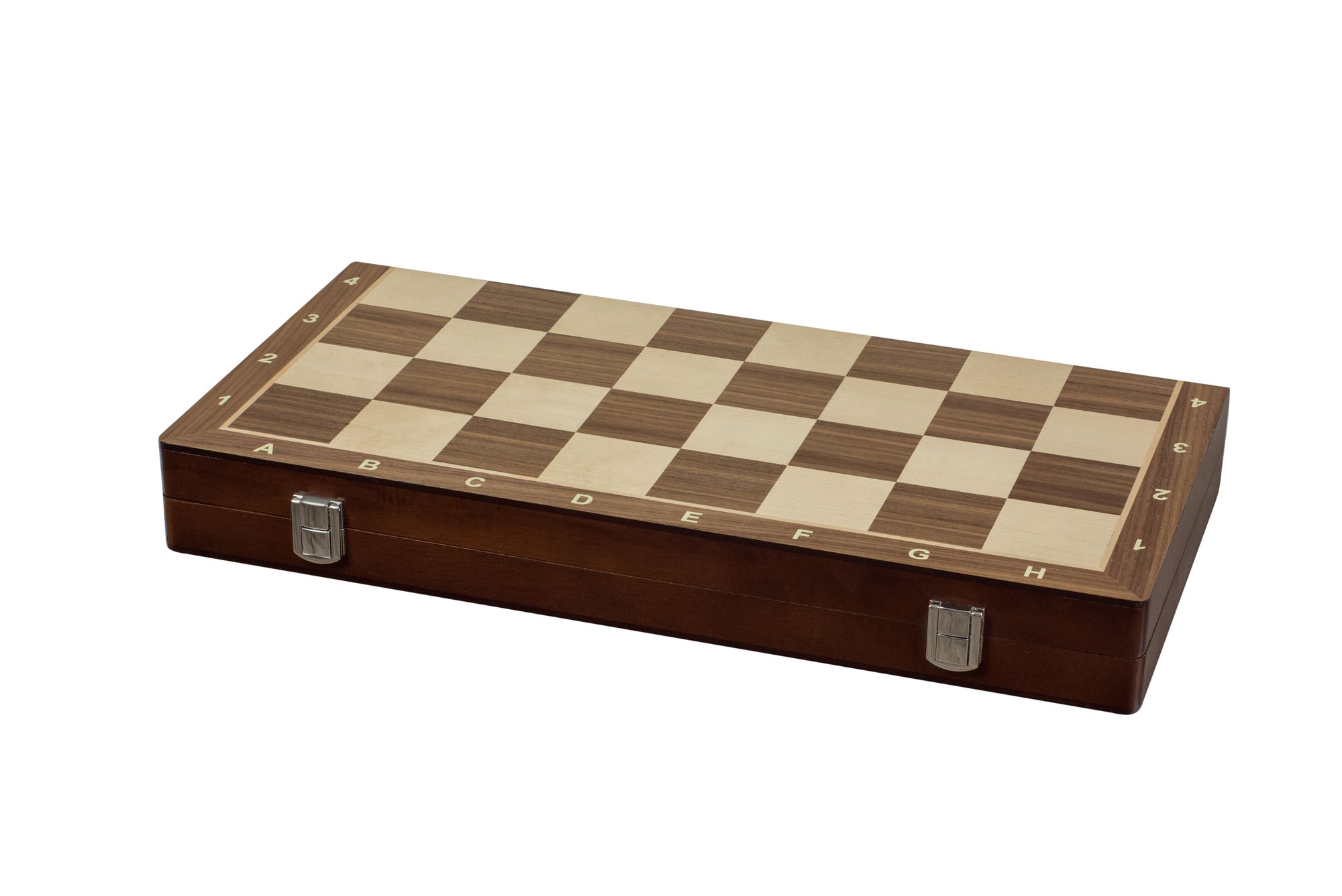 Caja de ajedrez con incrustaciones de nogal y arce, con notación, cuadrados de 50 mm