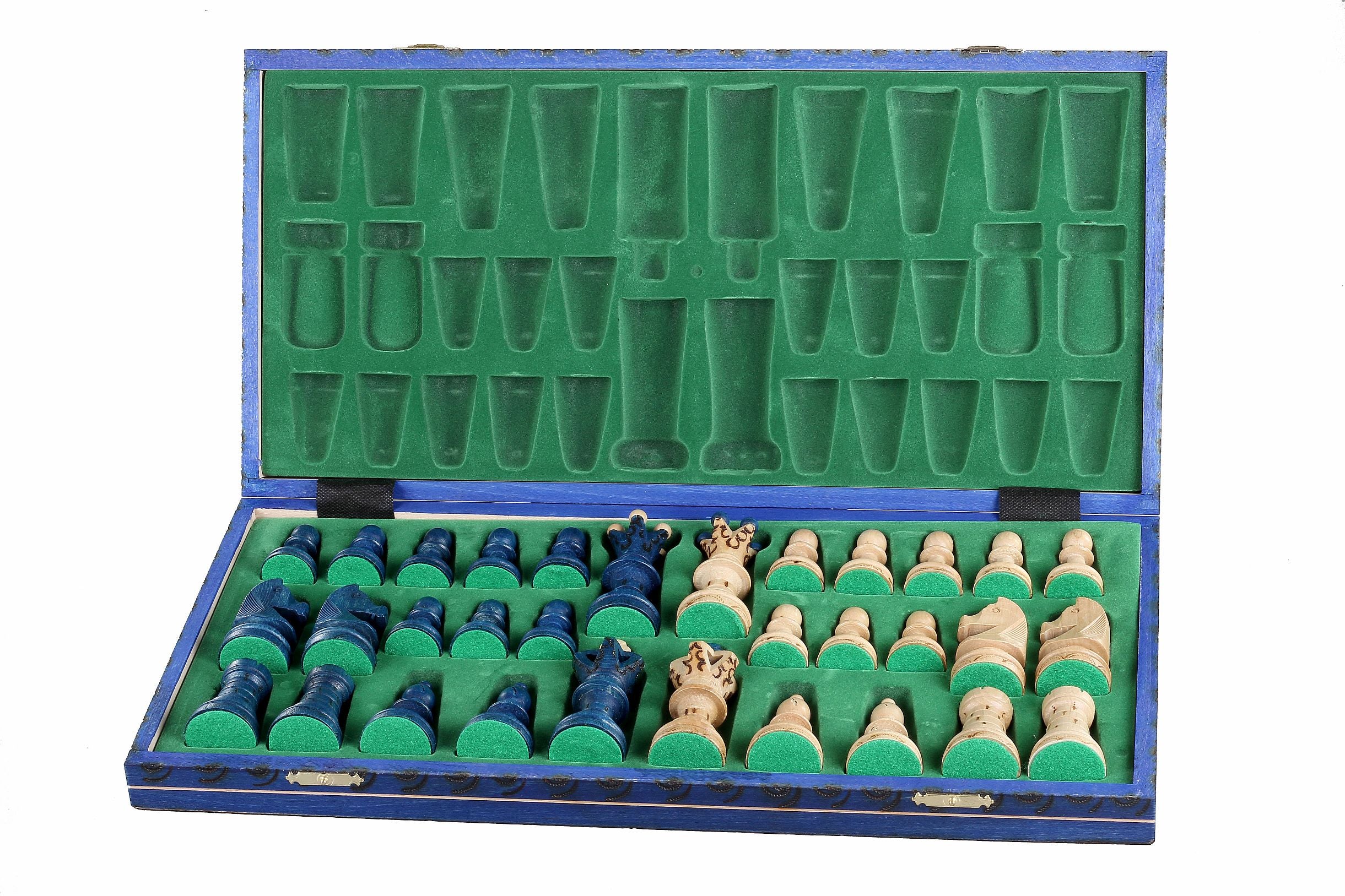 Juego de ajedrez de madera Ambassador Blue Deluxe con incrustaciones quemadas – Tamaño n.° 5.5