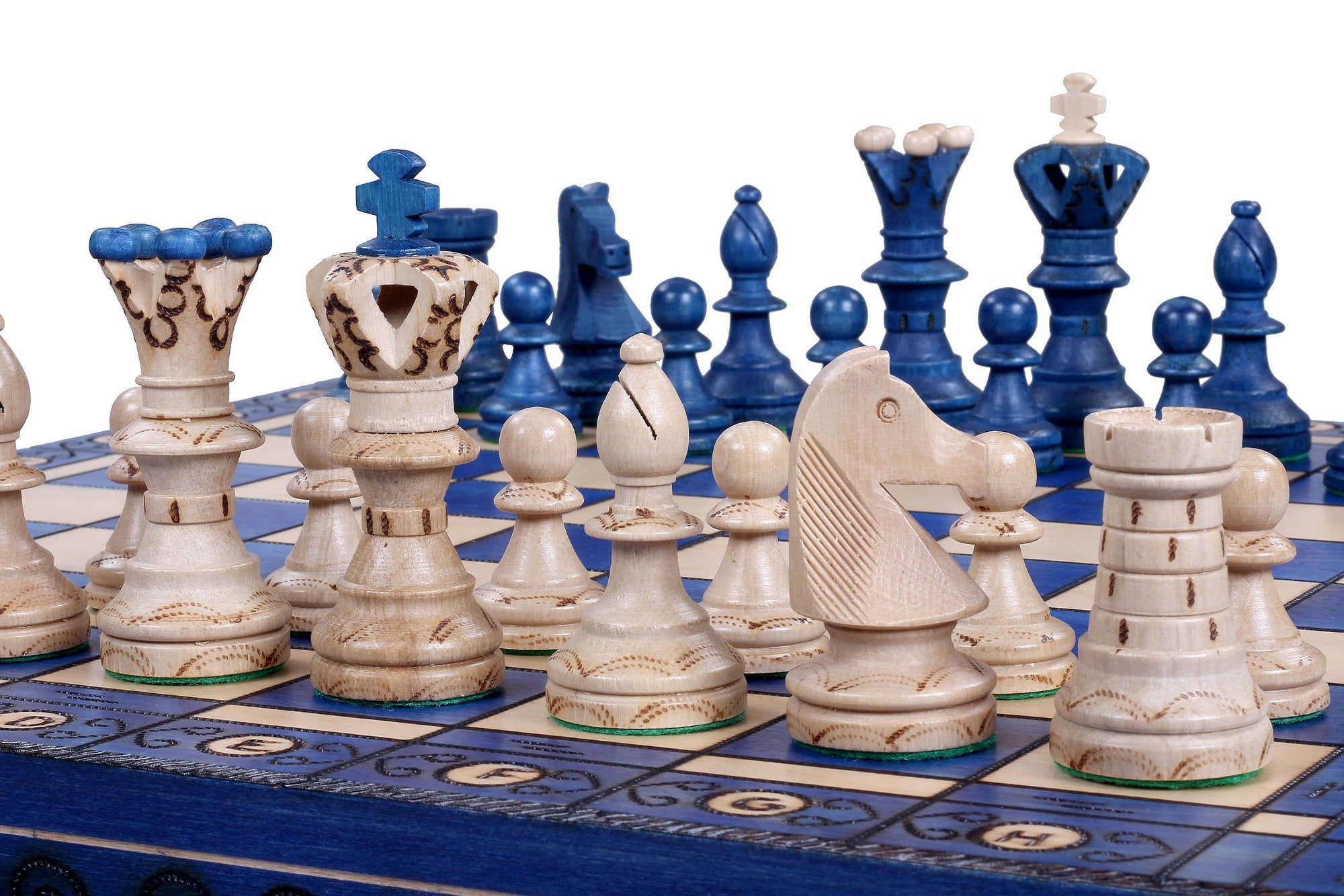 Juego de ajedrez de madera Ambassador Blue Deluxe con incrustaciones quemadas – Tamaño n.° 5.5