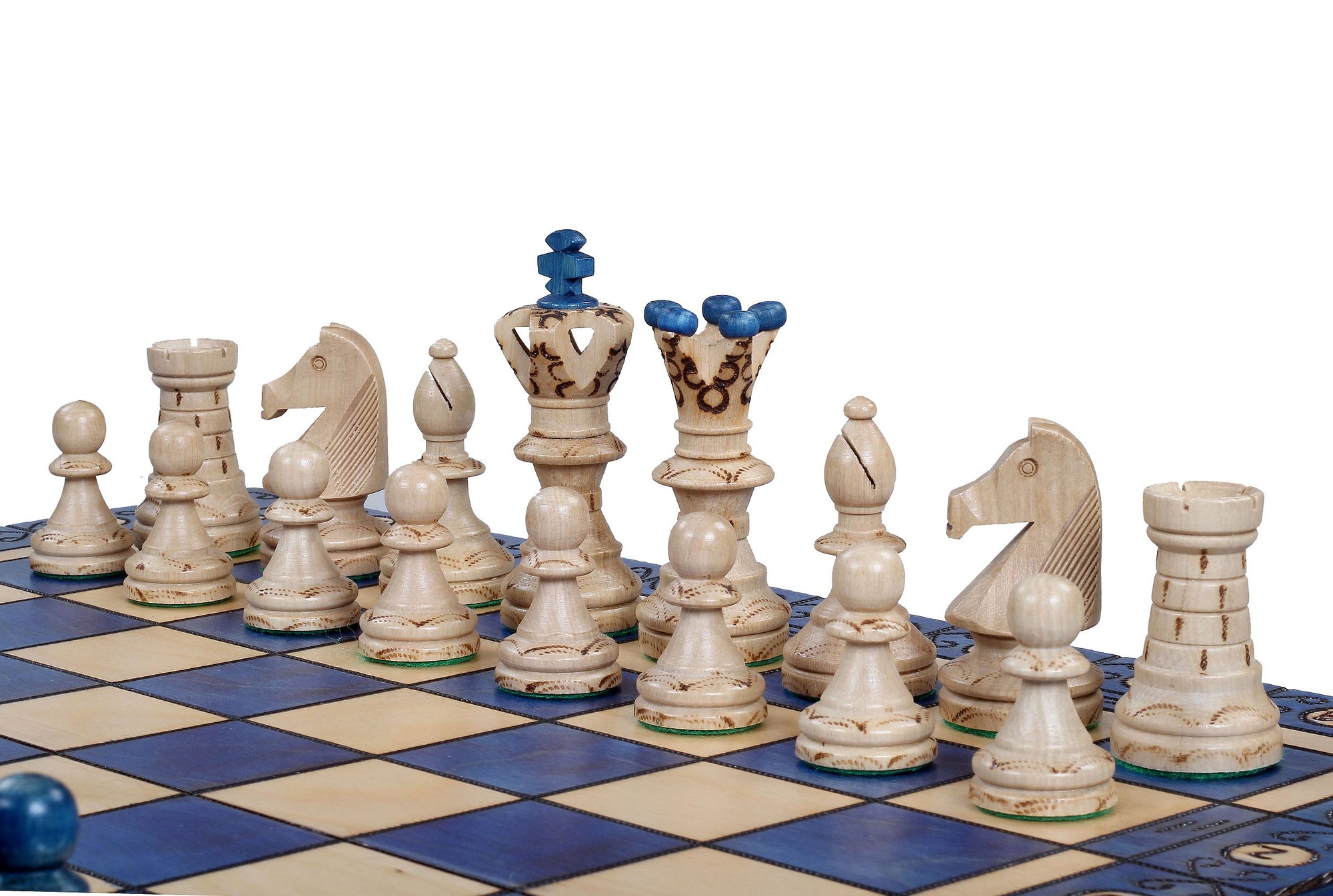 Juego de ajedrez de madera Ambassador Blue Deluxe con incrustaciones quemadas – Tamaño n.° 5.5