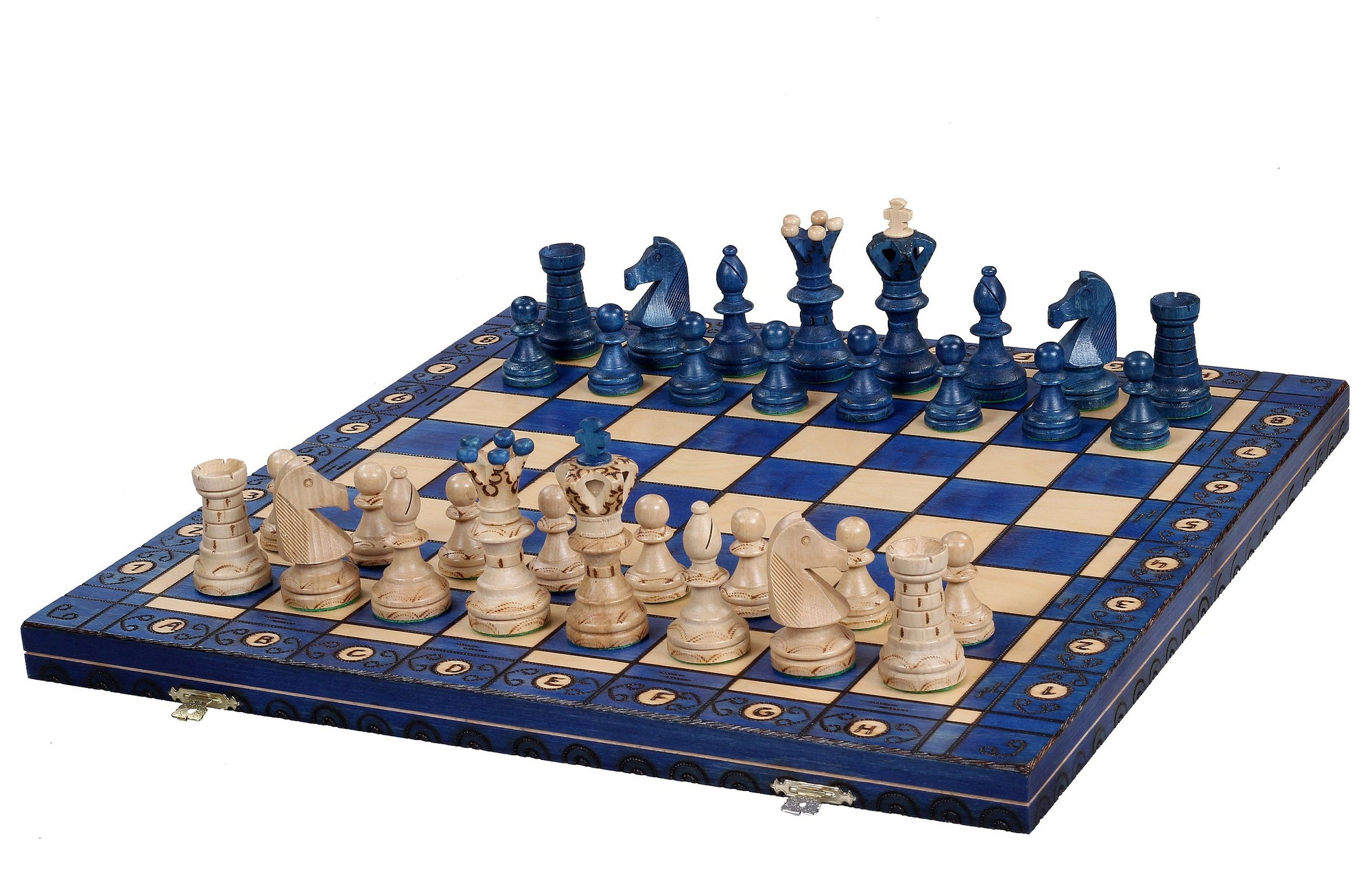 Juego de ajedrez de madera Ambassador Blue Deluxe con incrustaciones quemadas – Tamaño n.° 5.5