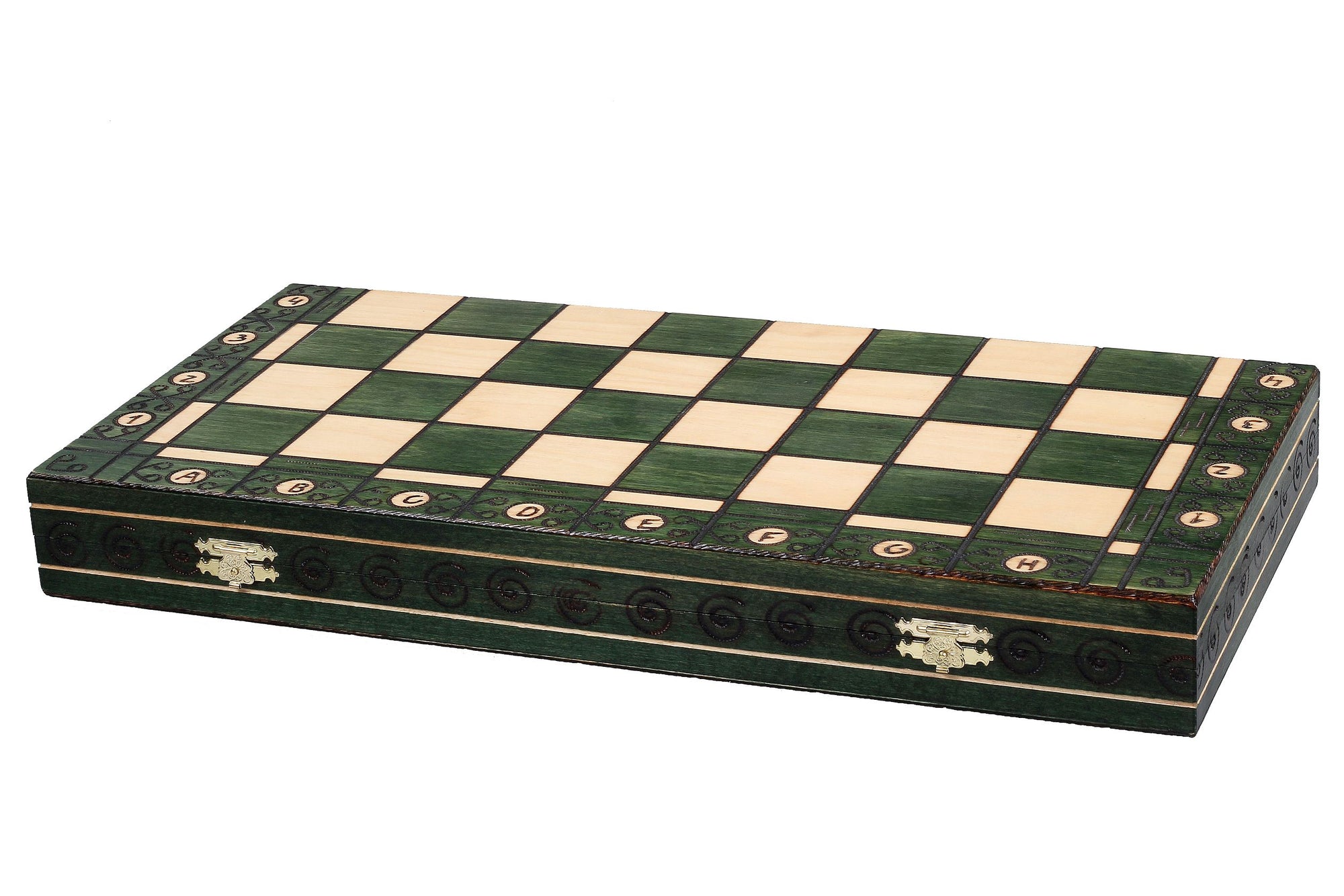 Juego de ajedrez de madera verde embajador con incrustaciones quemadas – Tamaño n.° 5