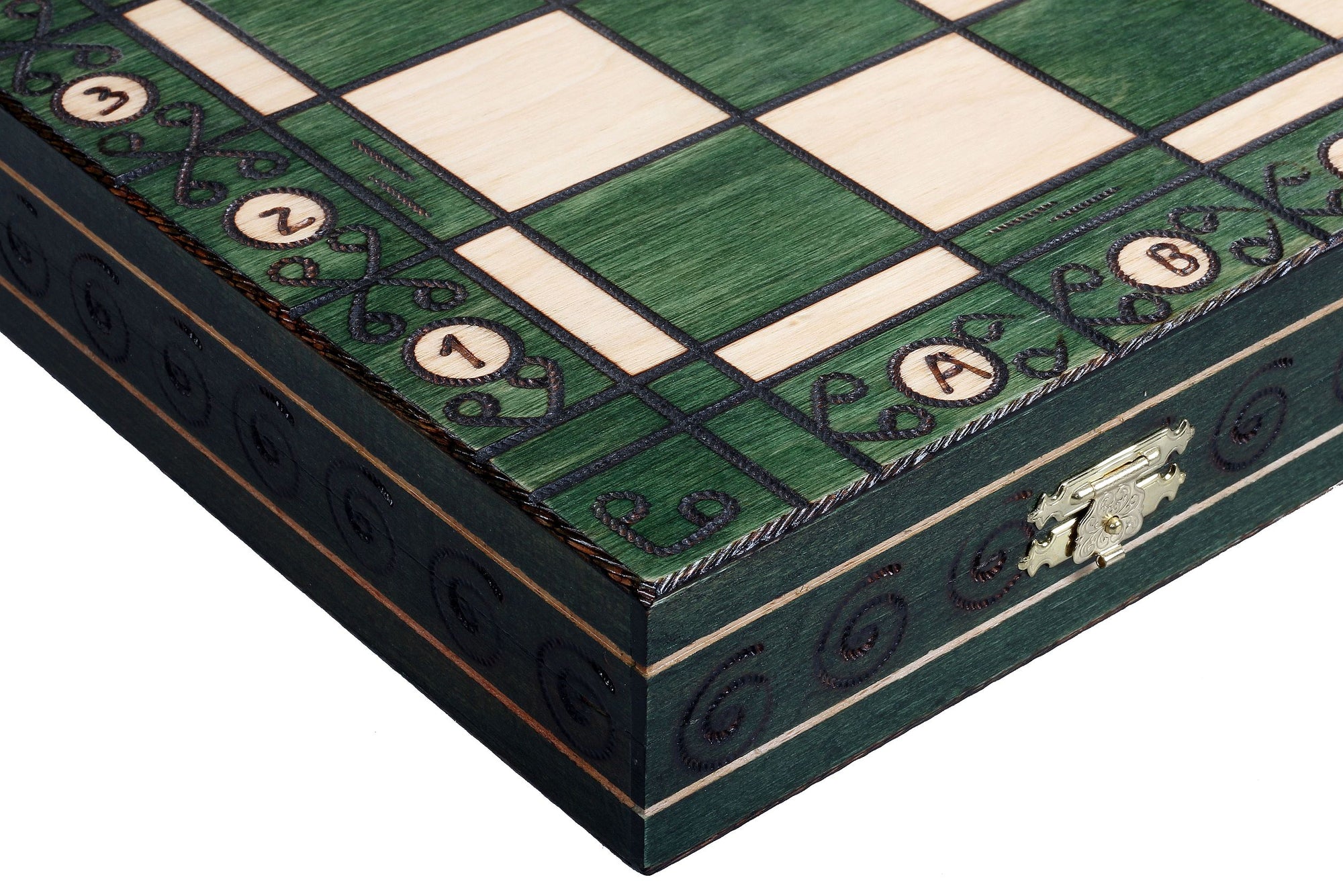 Juego de ajedrez de madera Ambassador Green Deluxe con incrustaciones quemadas – Tamaño n.° 5.5