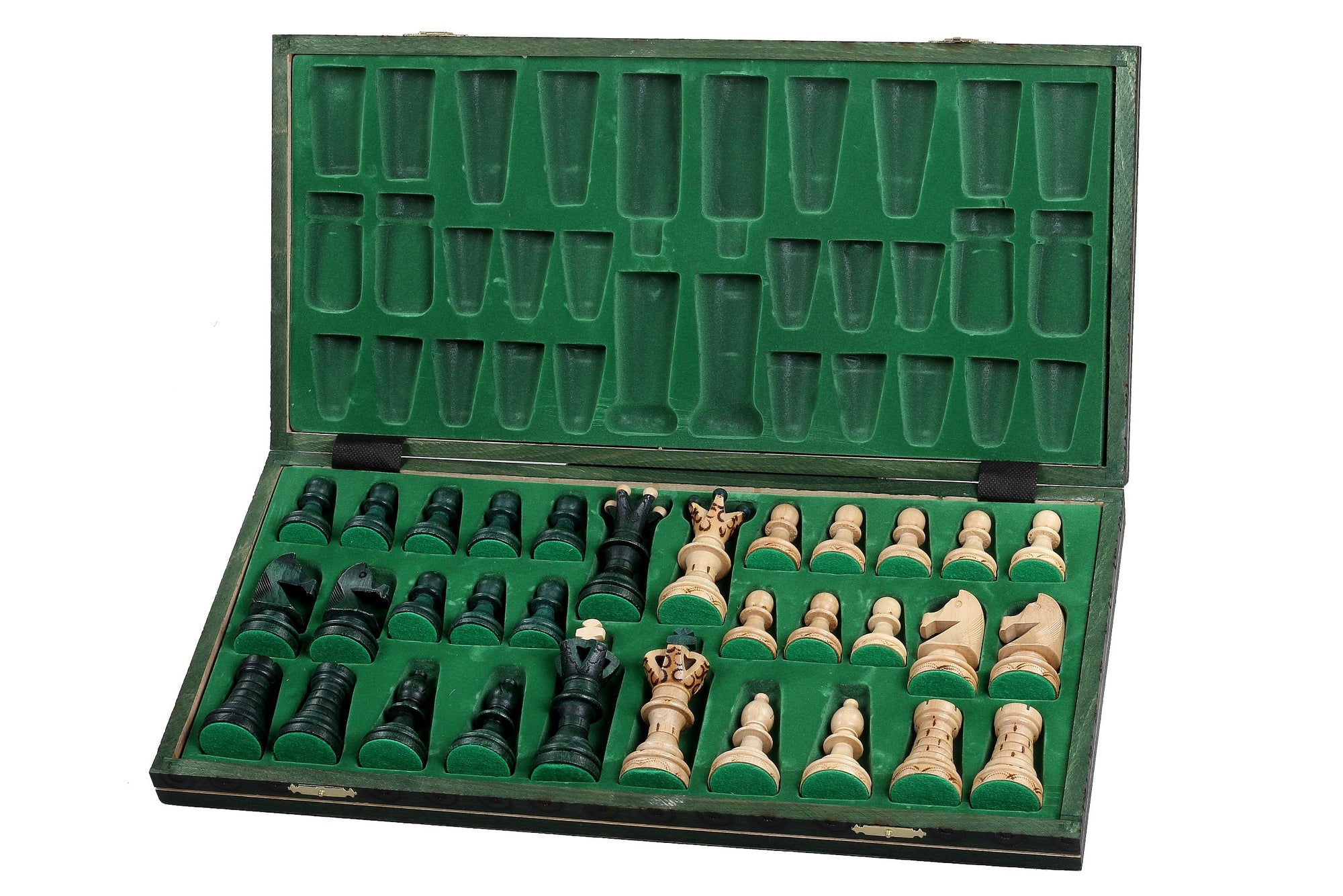 Juego de ajedrez de madera Ambassador Green Deluxe con incrustaciones quemadas – Tamaño n.° 5.5