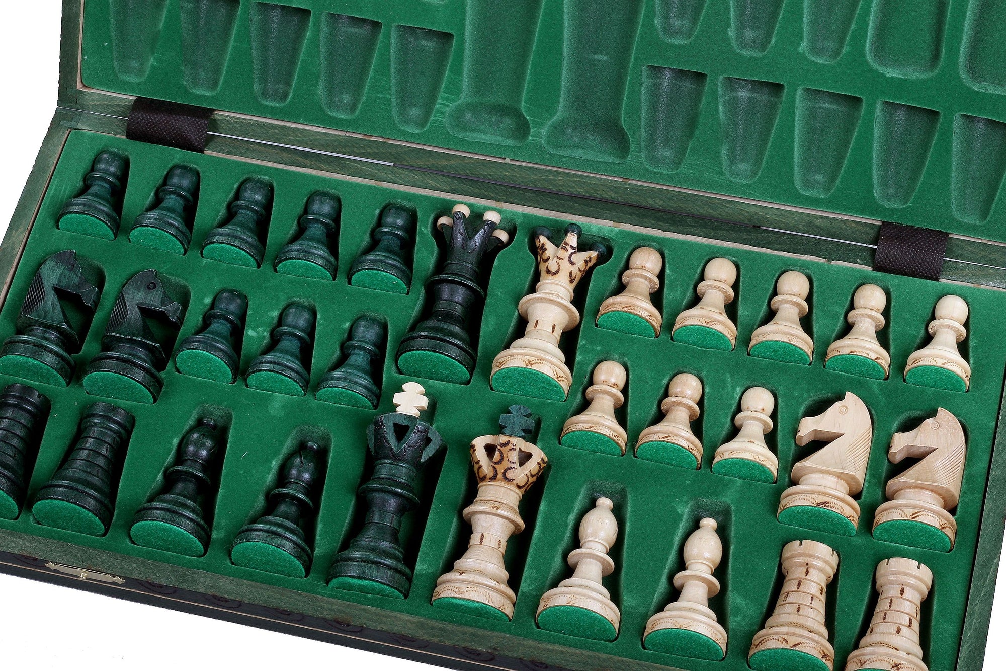 Juego de ajedrez de madera Ambassador Green Deluxe con incrustaciones quemadas – Tamaño n.° 5.5