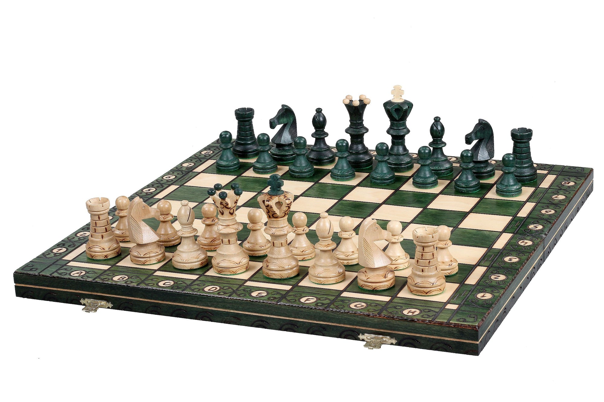 Juego de ajedrez de madera Ambassador Green Deluxe con incrustaciones quemadas – Tamaño n.° 5.5