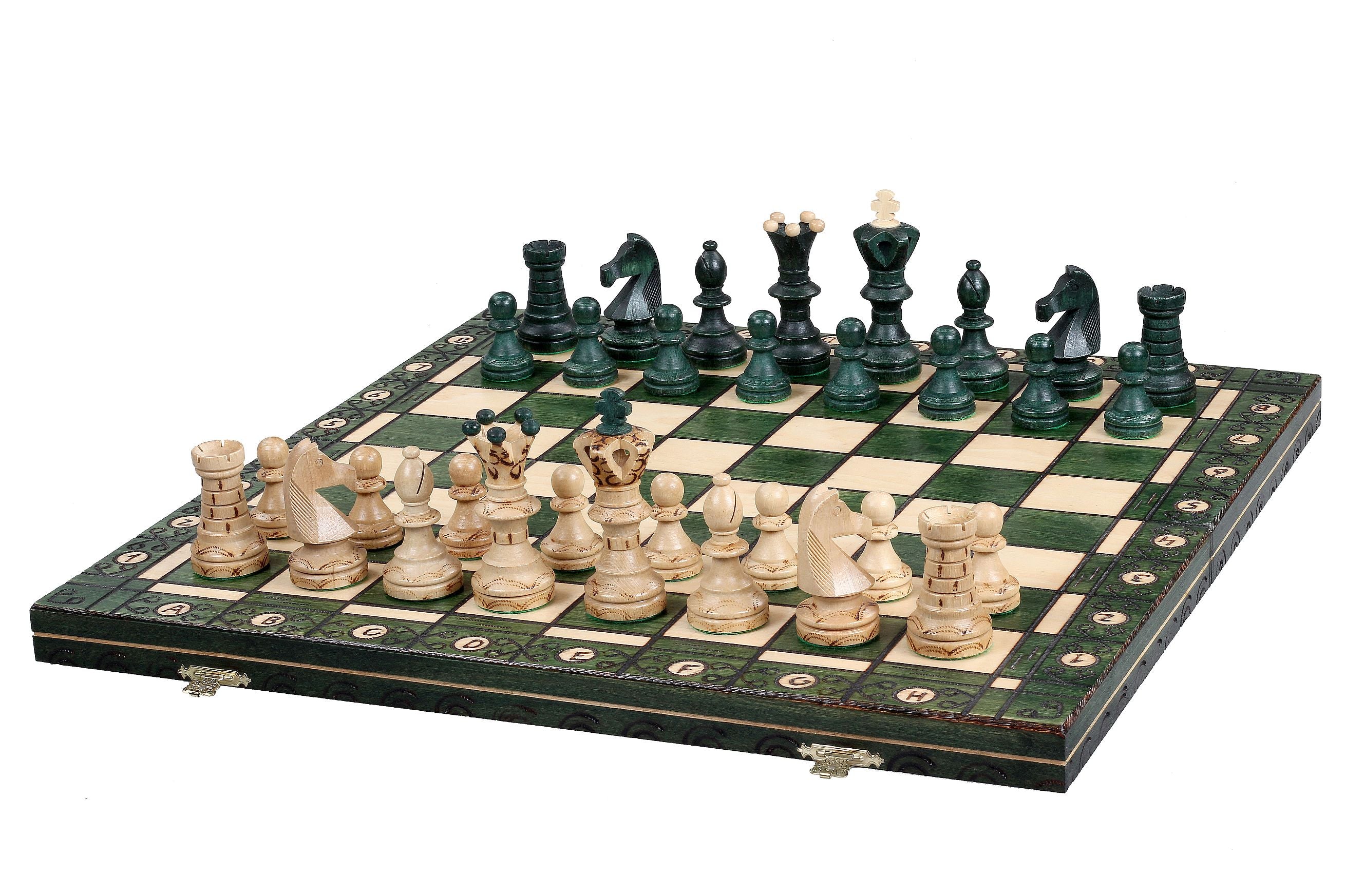 Juego de ajedrez de madera Ambassador Green Deluxe con incrustaciones quemadas – Tamaño n.° 5.5
