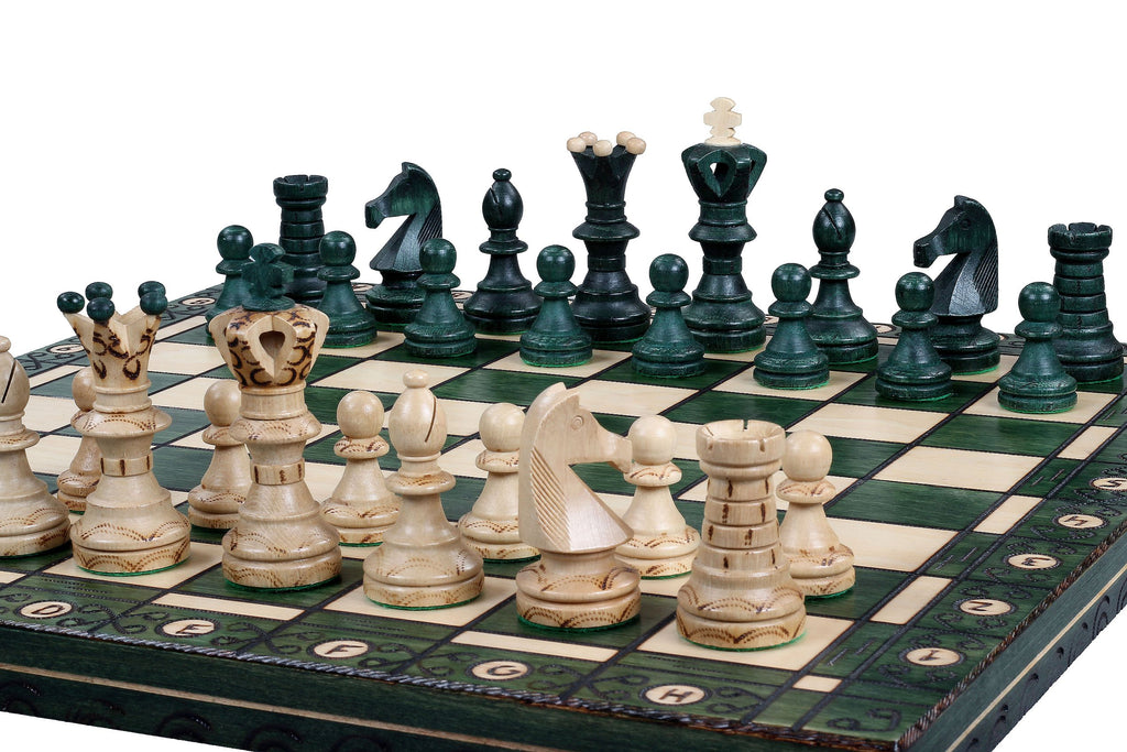 Juego de ajedrez de madera Ambassador Green Deluxe con incrustaciones quemadas – Tamaño n.° 5.5