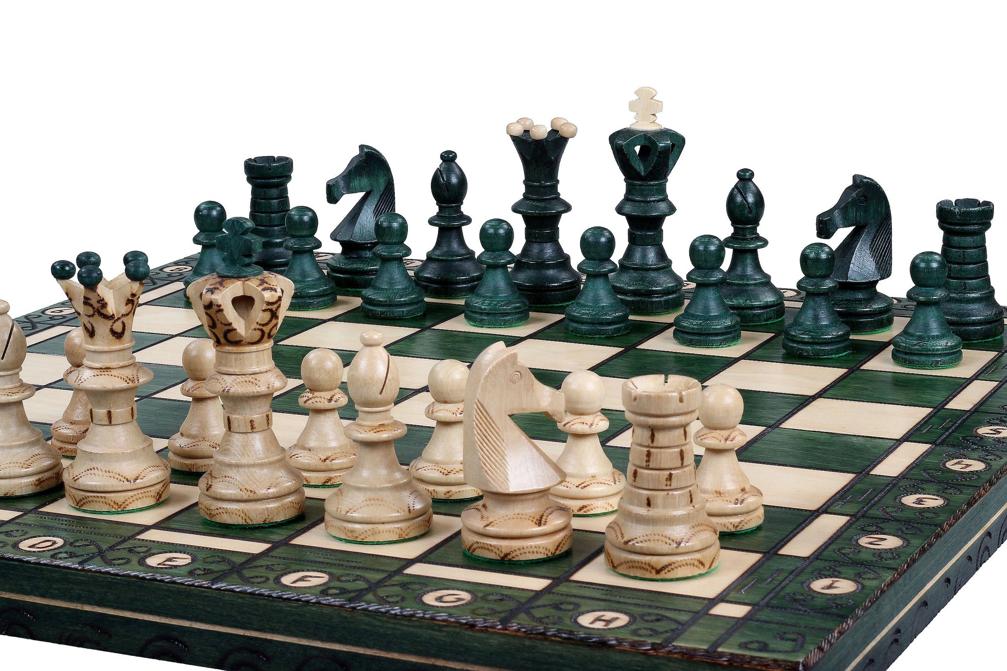 Juego de ajedrez de madera Ambassador Green Deluxe con incrustaciones quemadas – Tamaño n.° 5.5