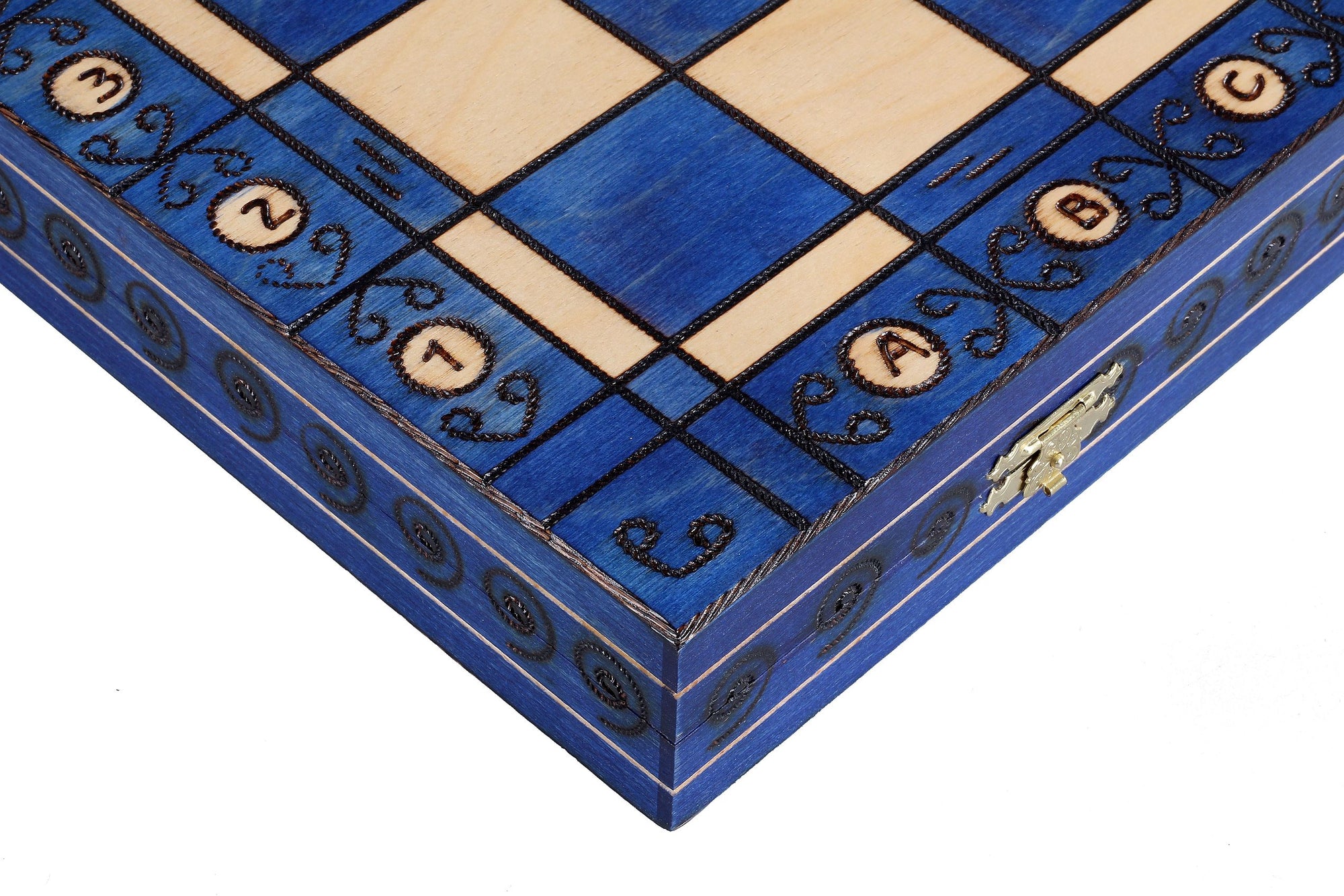 Juego de ajedrez de madera Ambassador Blue Deluxe con incrustaciones quemadas – Tamaño n.° 5.5
