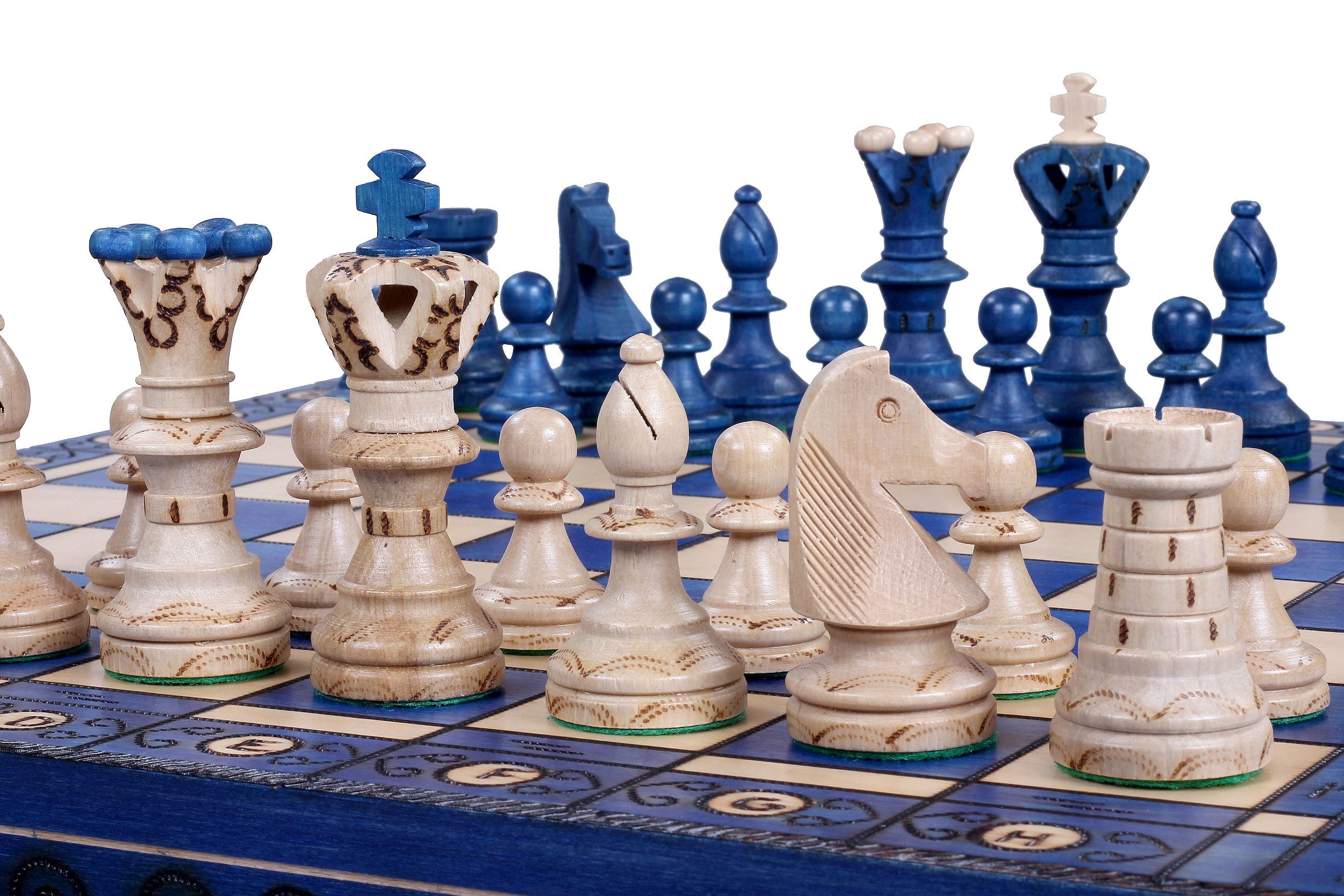 Juego de ajedrez de madera azul Ambassador con incrustaciones quemadas – Tamaño n.° 5