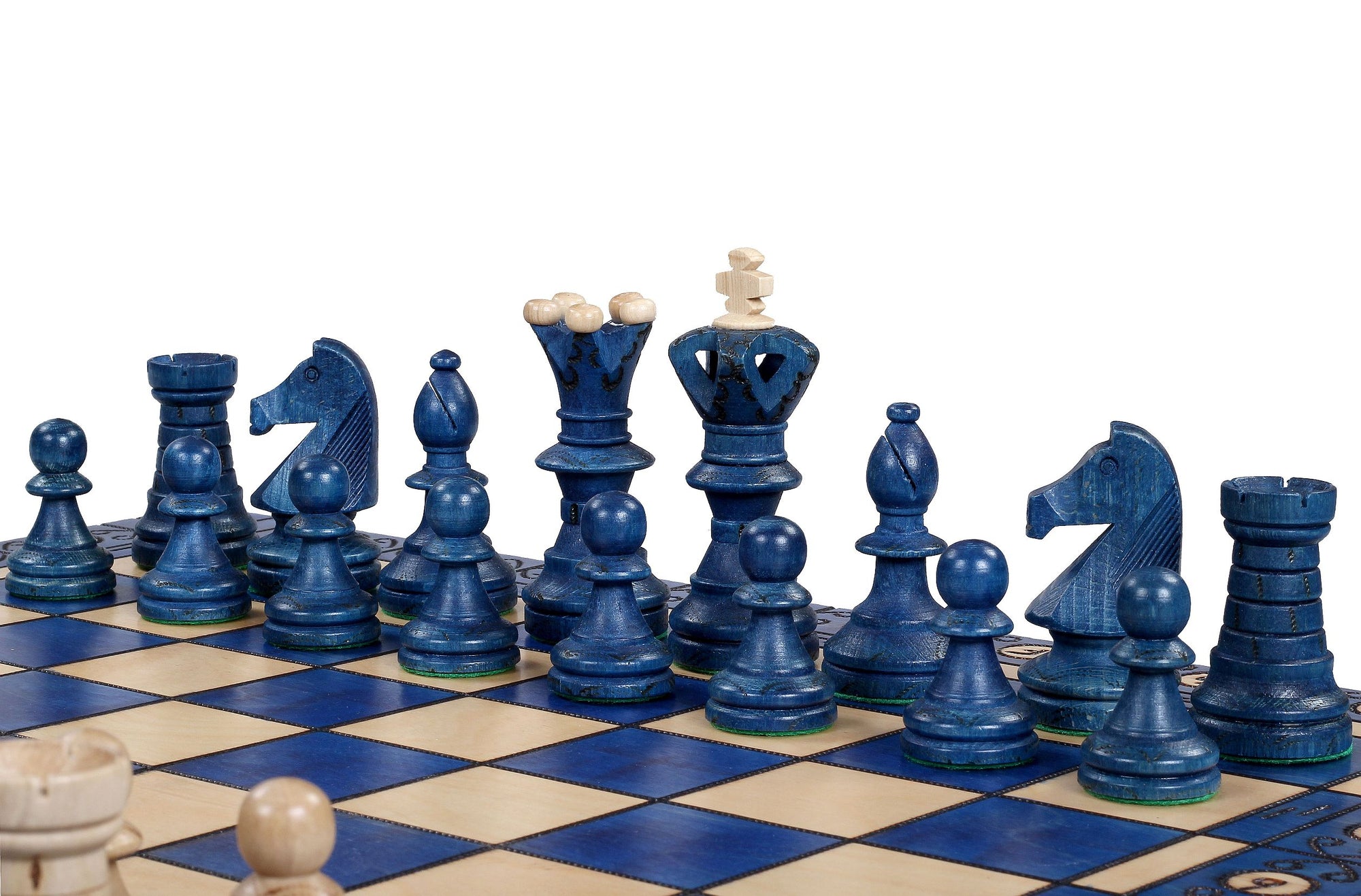 Juego de ajedrez de madera azul Ambassador con incrustaciones quemadas – Tamaño n.° 5
