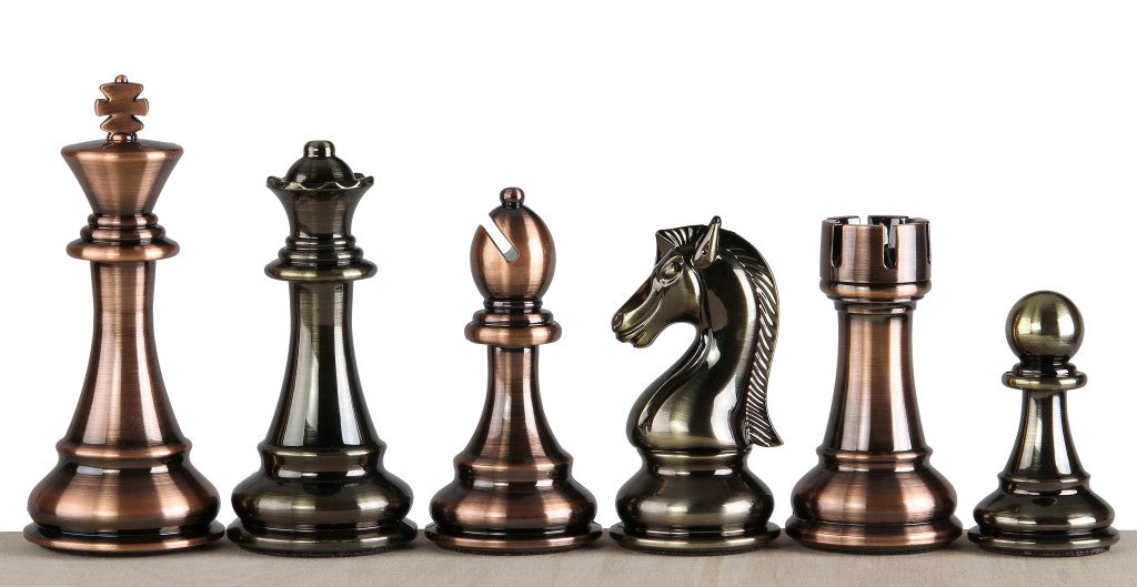 Piezas de ajedrez metálicas de 4,5″ con acabado en bronce y plata