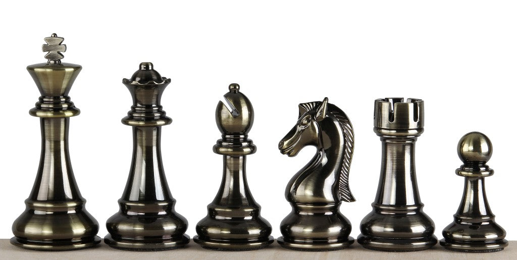 Piezas de ajedrez metálicas de 4,5″ con acabado en bronce y plata
